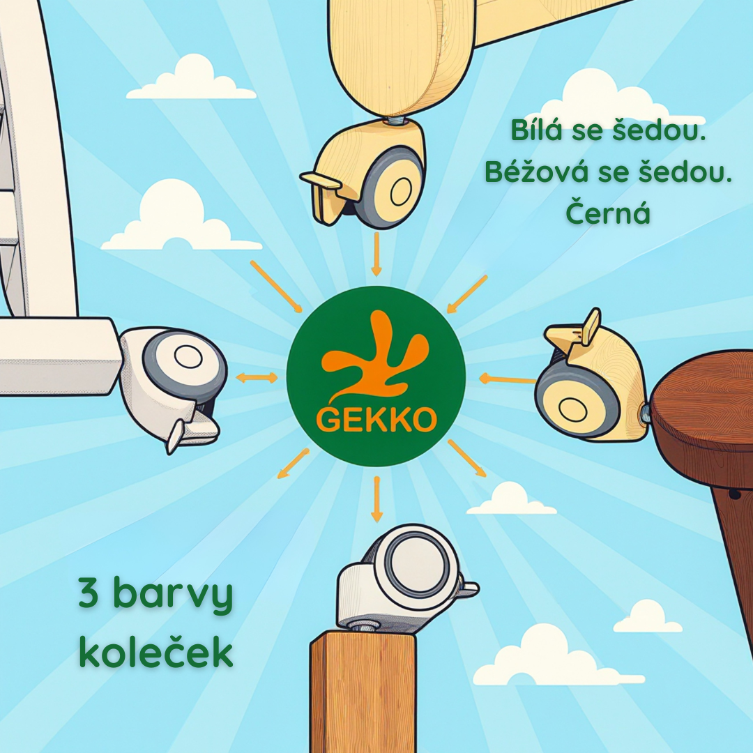 Sada koleček k postýlce Gekko Kids (kolečka nelze používat zároveň s houpacím systémem nebo se zásuvkou). Bíla/Seda